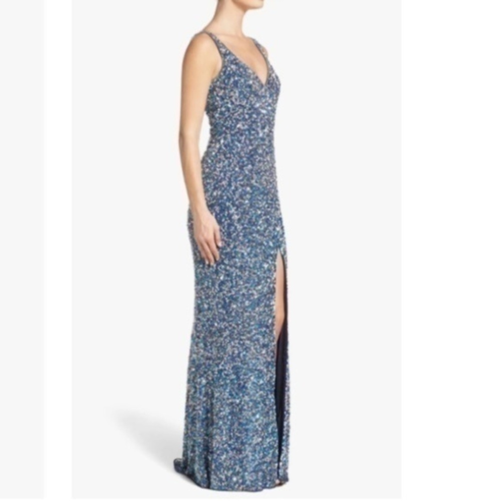 MAC DUGGAL Navy Multi Sequin Slit Gown